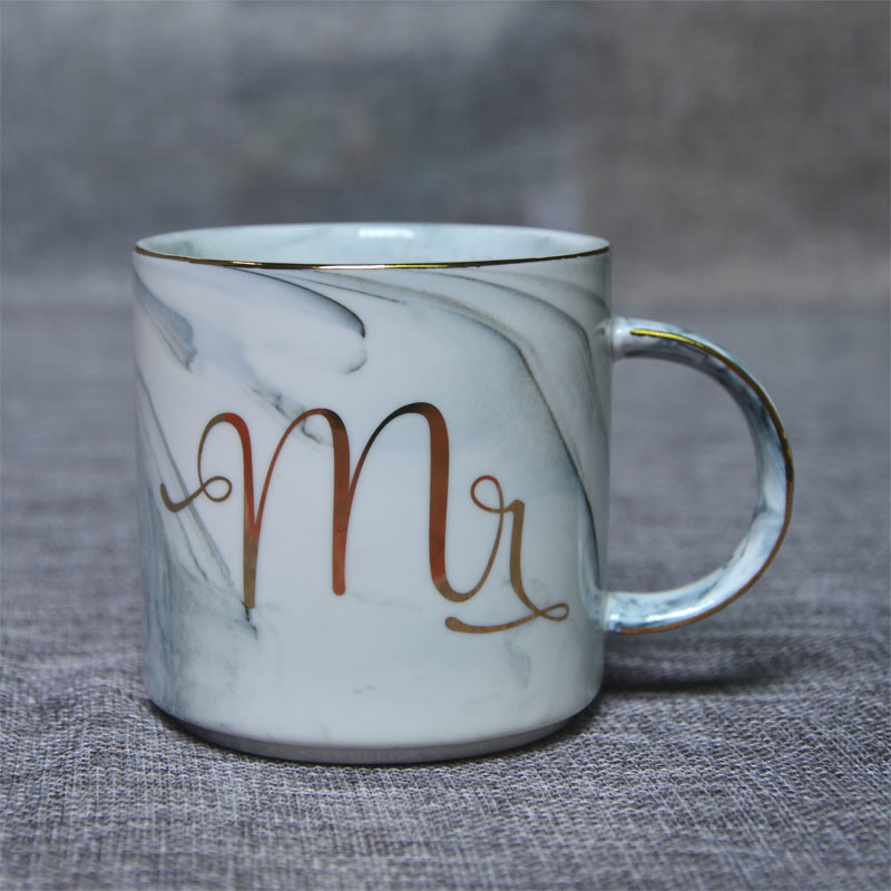 European Gold ceramic  breakfast coffee cup and milk tea cup Mr Ms letter Men women marble Mug