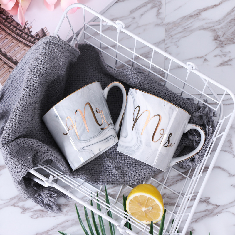 Mr Mrs Ceramic Marble Mug Coffee Mug Tea Milk Breakfast Cups Wedding Bridal Couples Lover's Gifts Porcelain Valentine's Day