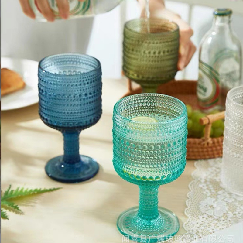 Retro Wine Water Whiskey Glasses Cup Embossed Blue Drink Glass Goblet