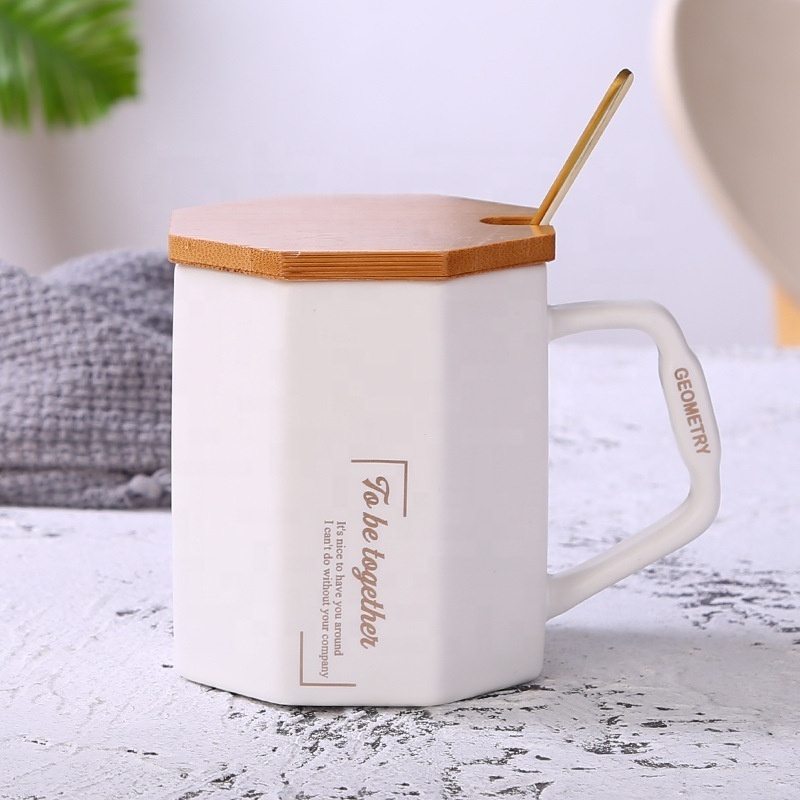 White And Black Diamond Octagon Ceramic Coffee Mug Cup With Bamboo Wooden Lid