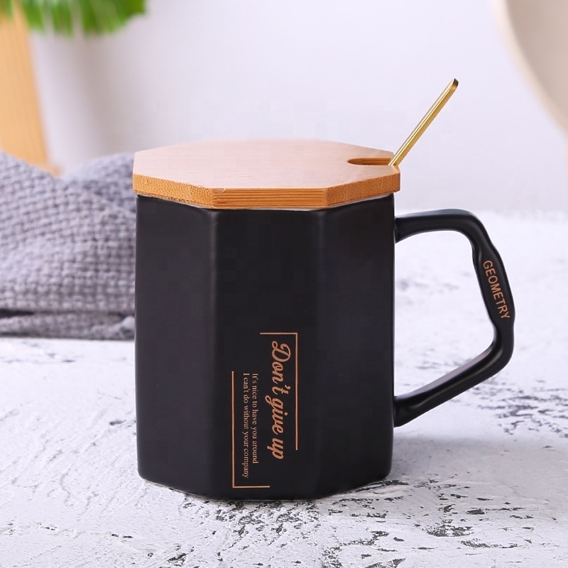 White And Black Diamond Octagon Ceramic Coffee Mug Cup With Bamboo Wooden Lid