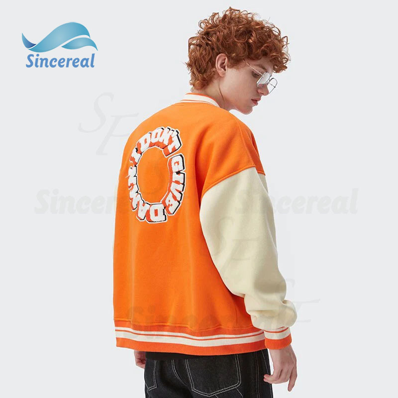 2023 new men's basketball jacket varsity jacket leather orange wool-blend wool sleeves bomber jacket