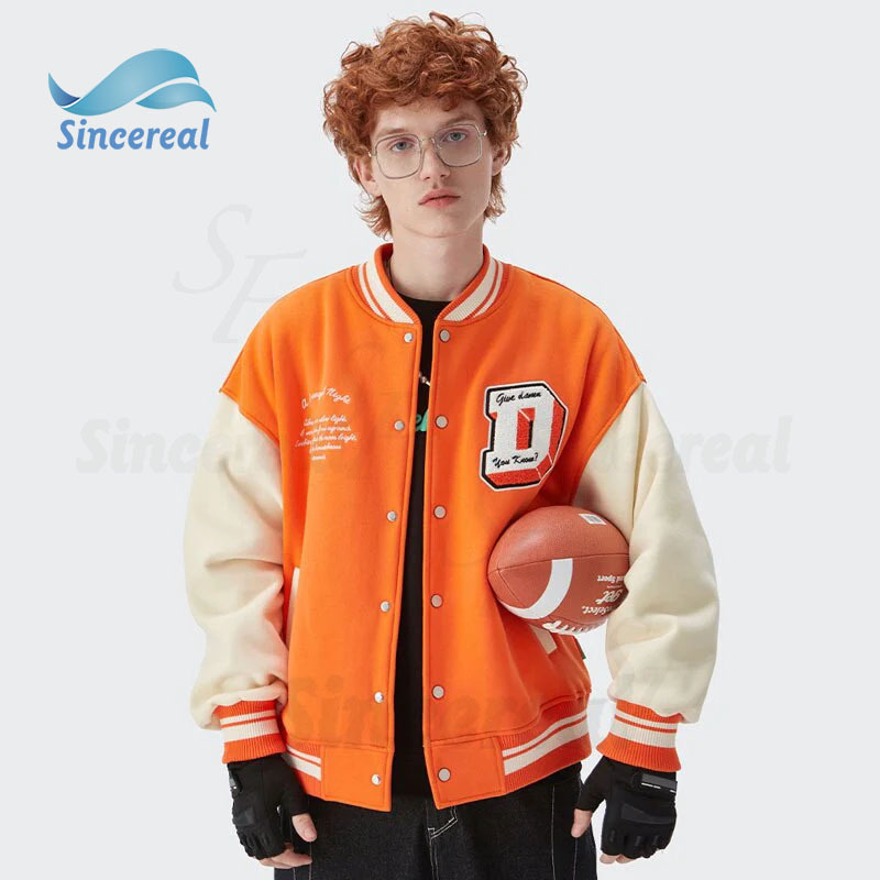 2023 new men's basketball jacket varsity jacket leather orange wool-blend wool sleeves bomber jacket