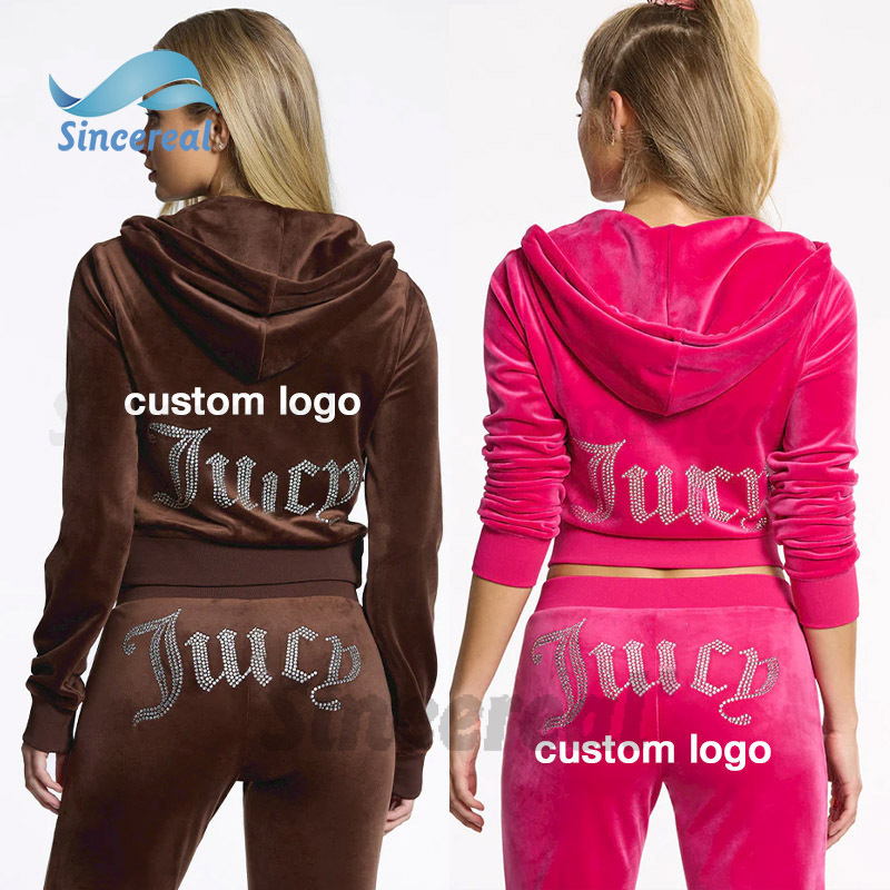 2024 Custom diamond rhinestone Embroidery Logo casual velvet Y2K jogging suit 2 piece set velour tracksuit for women