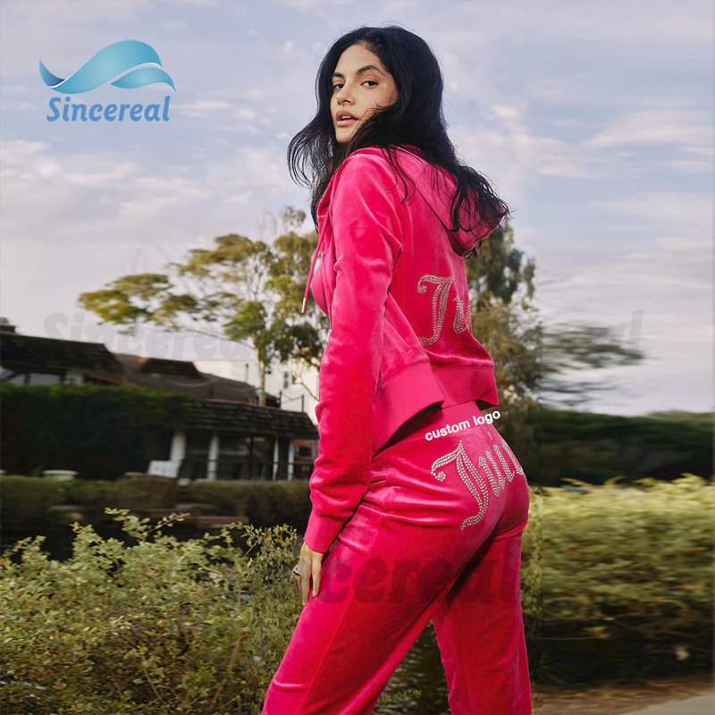 2024 Custom diamond rhinestone Embroidery Logo casual velvet Y2K jogging suit 2 piece set velour tracksuit for women