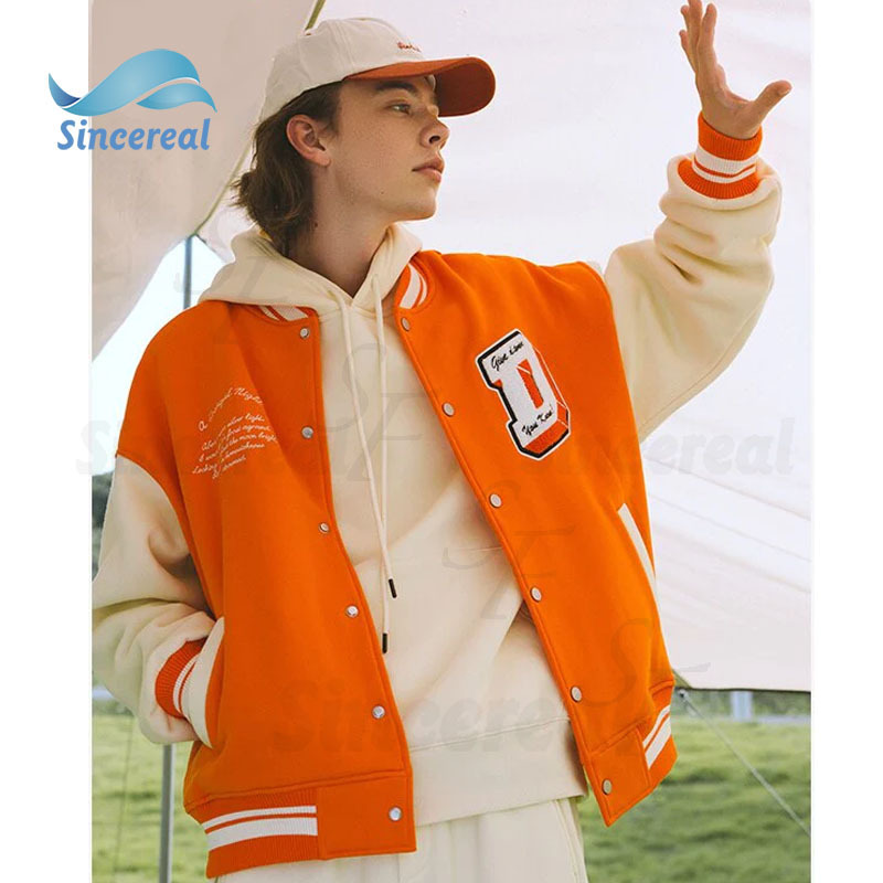 2023 new men's basketball jacket varsity jacket leather orange wool-blend wool sleeves bomber jacket