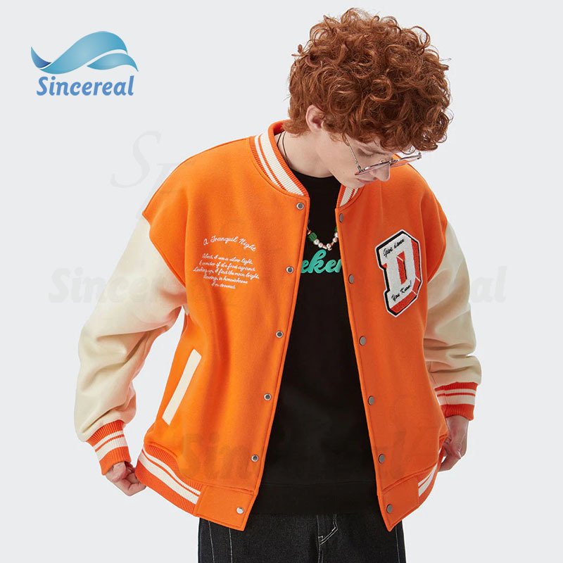 2023 new men's basketball jacket varsity jacket leather orange wool-blend wool sleeves bomber jacket