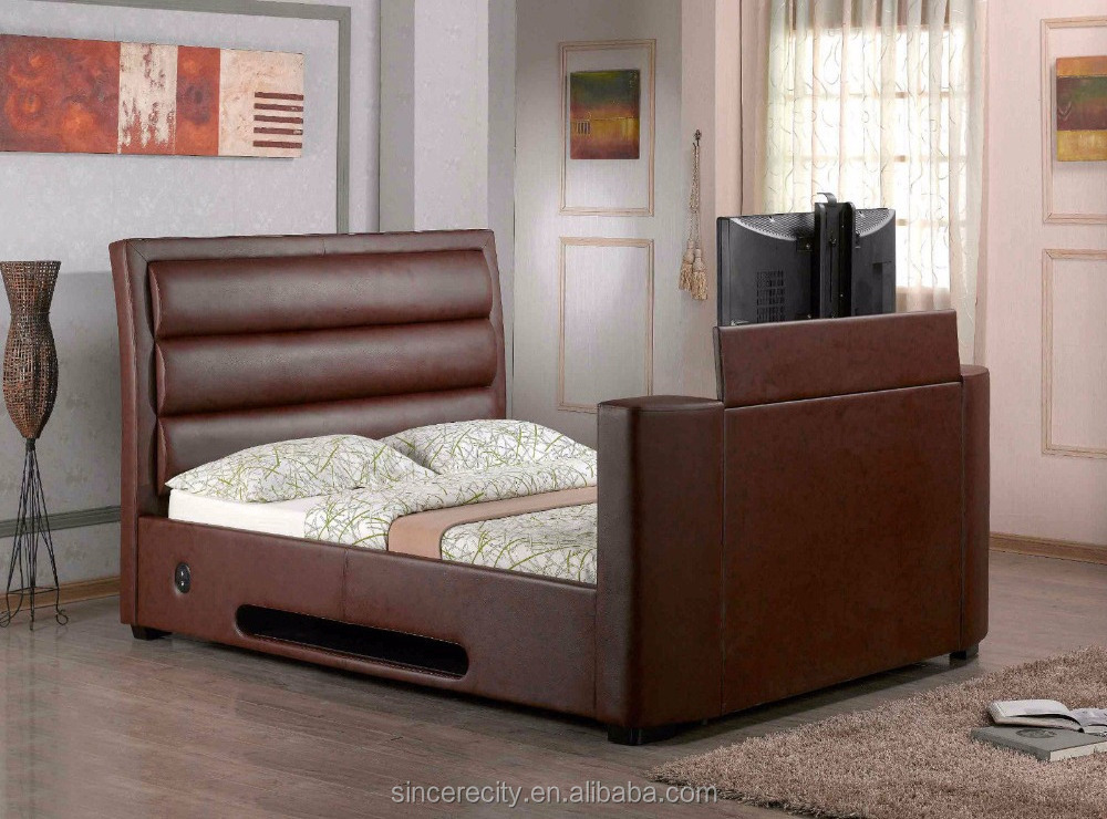 Bedroom Furntire, Luxury modern leather tv bed with tv in the footboard