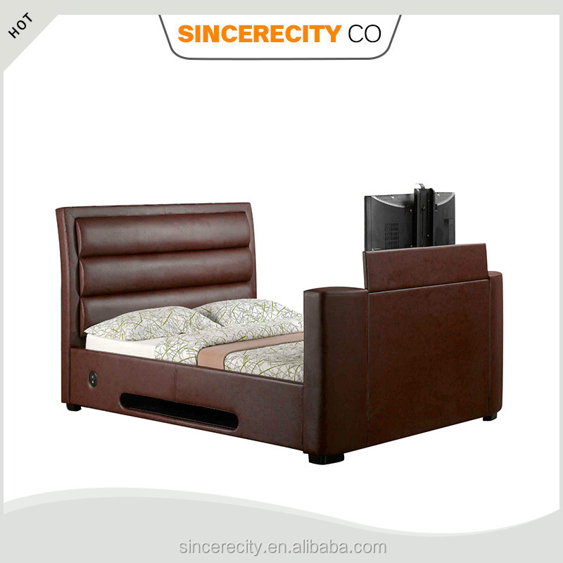 Bedroom Furntire, Luxury modern leather tv bed with tv in the footboard