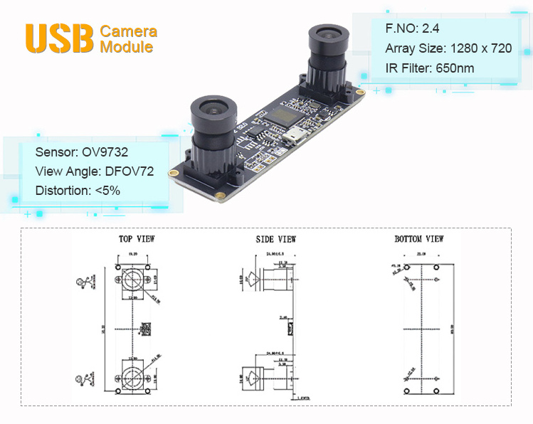 3D Dual USB CCTV Camera Module 1MP OV9732 Sensor Cmos Ambarella Camera USB Module Support UVC Stereo Camera