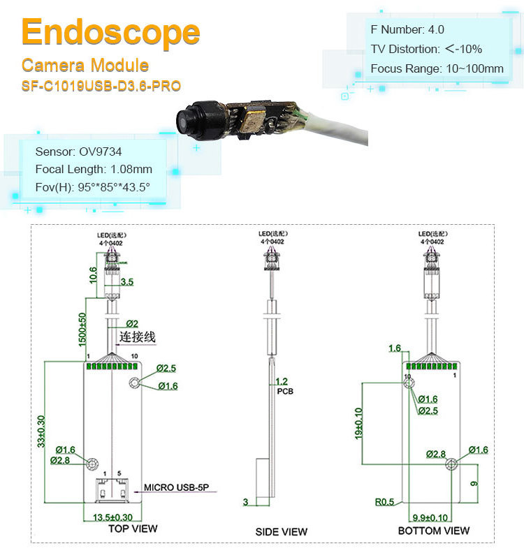 Most Cost-effective High Quality flexible endoscopy mini camera module smallest endoscope camera module medical endoscope 2mp