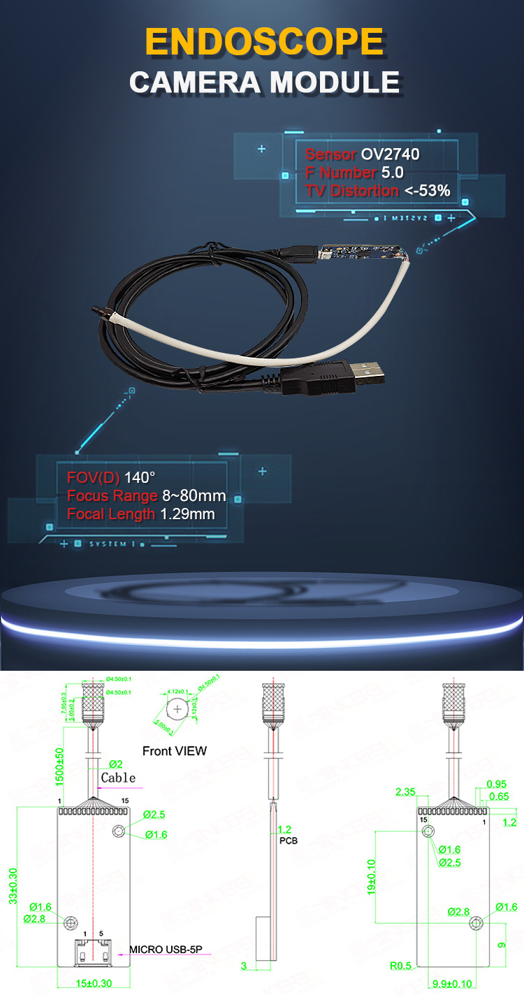 Industrial Endoscope Camera Module OV2740 Sensor 5mm Endoscopic Camera Module with LED And Wide Angle For Pipeline Inspection