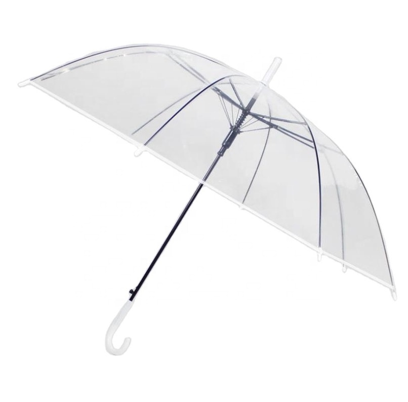 Wholesale Customized Pvc Printing Straight J Handle Fashion Clear Dome Transparent Rain Umbrellas