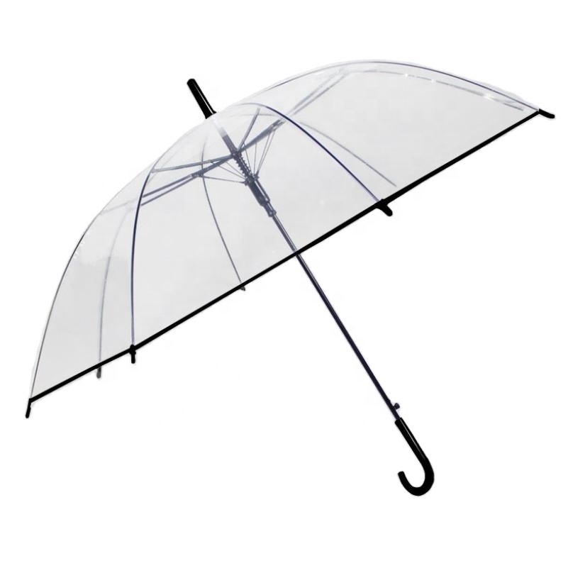 Wholesale Customized Pvc Printing Straight J Handle Fashion Clear Dome Transparent Rain Umbrellas