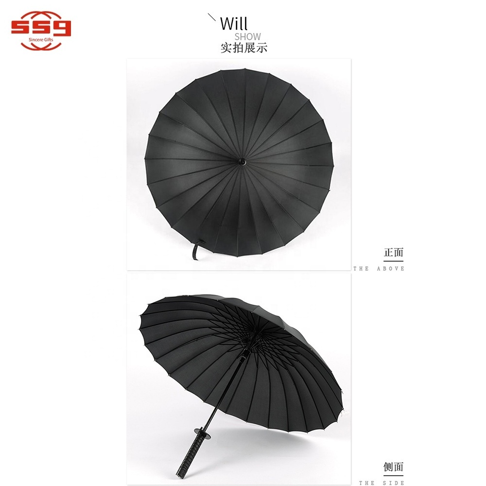 Custom Stylish Black 12/24 Ribs Samurai Sword Katana Promotional Japanese Straight Umbrella