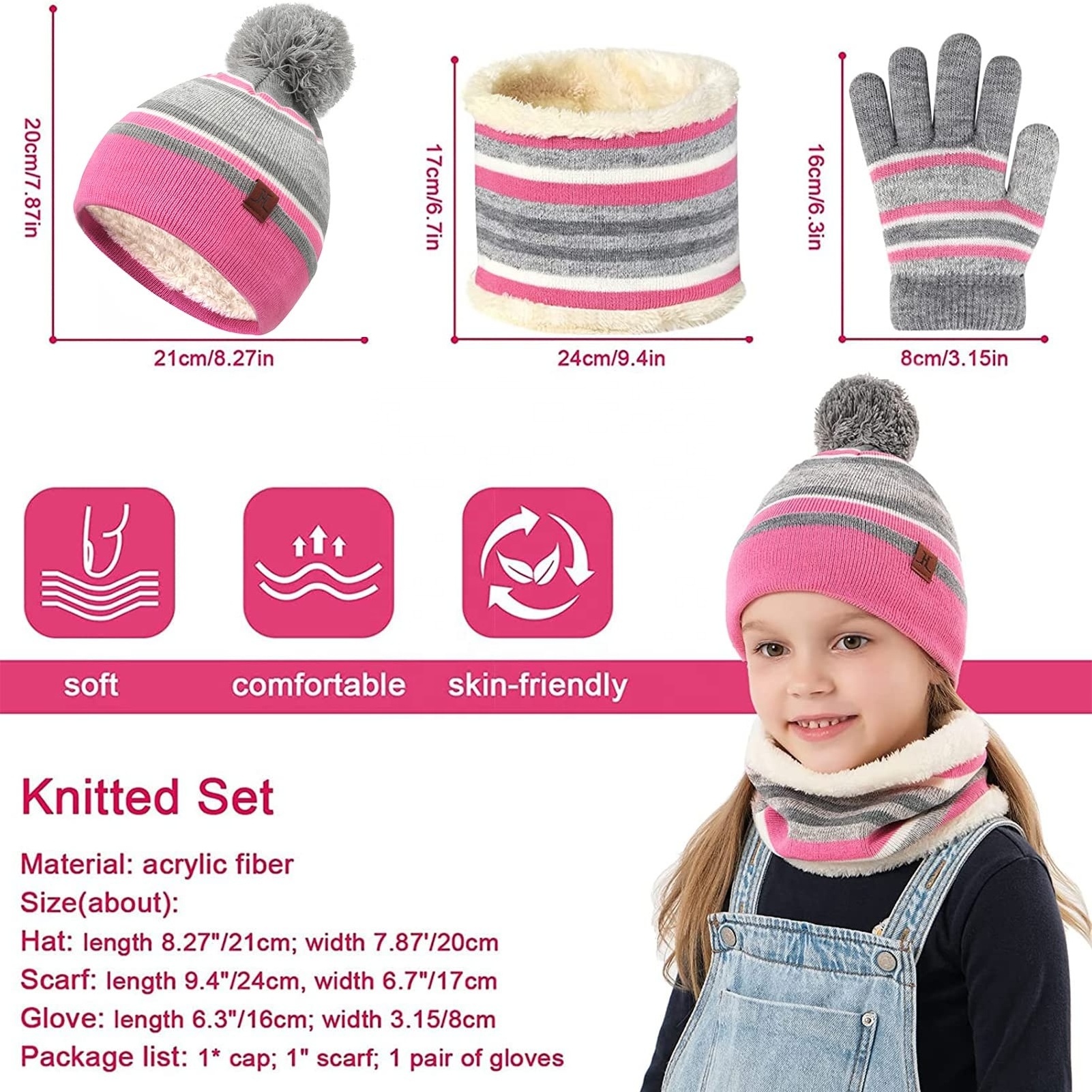 100% Cotton Comfortable Christmas Gifts Winter Knit Sets Warm Kids Winter Scarf Hat And Glove Set