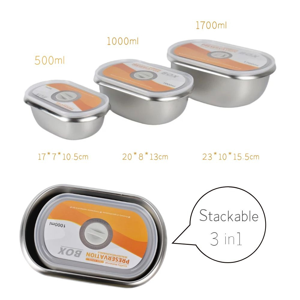 Airtight 500ml 1000ml 1700ml Mark Time Stainless Steel 304 Food Canister Set Storage Container Lunch Box