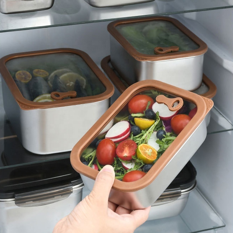 New Design Airtight Food Storage Container Glass lids Stainless Steel Lunch Box Fresh Keeping Box