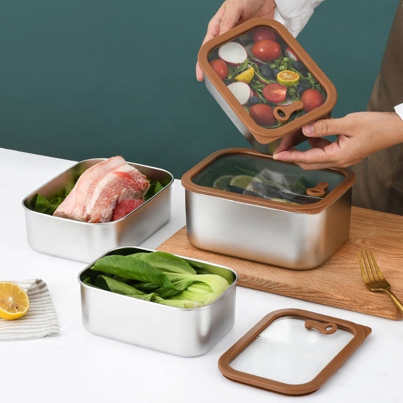 New Design Airtight Food Storage Container Glass lids Stainless Steel Lunch Box Fresh Keeping Box