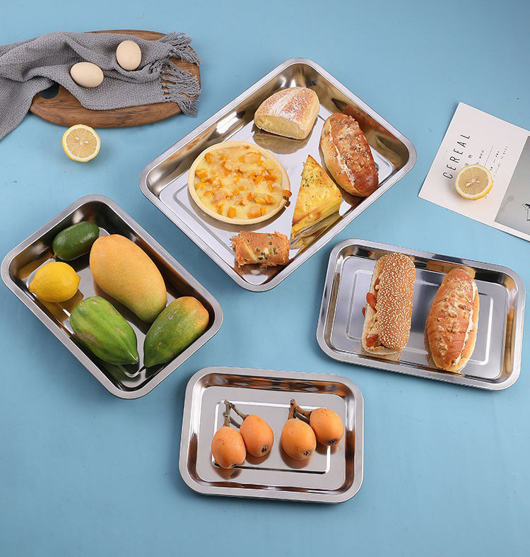 Cheaper price rectangular tray unbreakable 410 stainless steel tray food serving tray