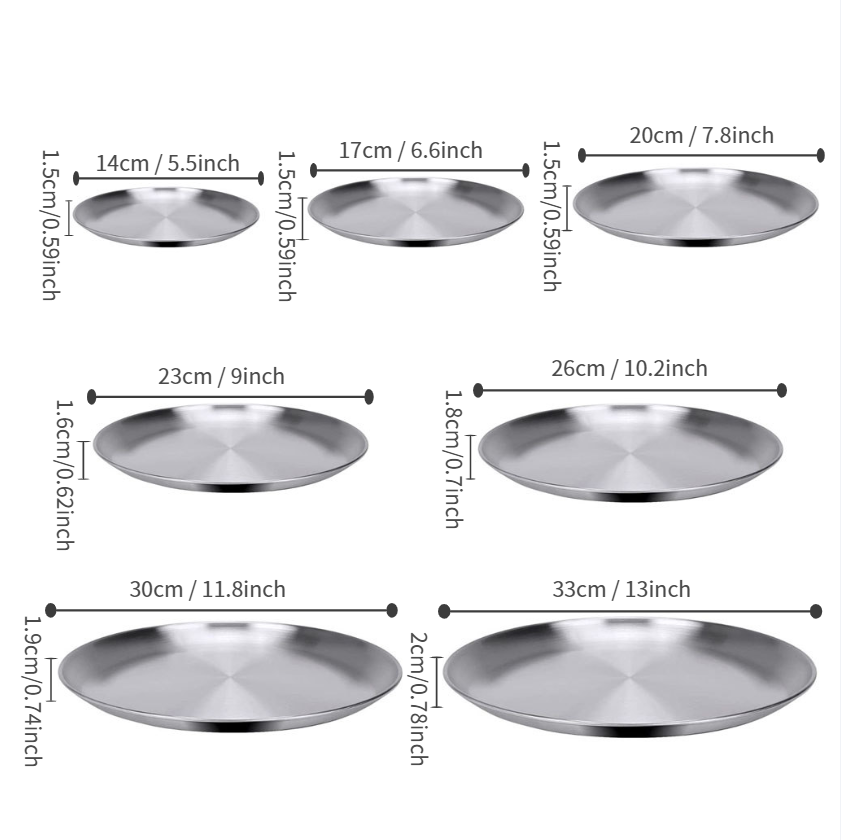 Round Dia 14cm 17cm 20cm 23cm 26cm 30cm Cheap Stainless Steel 201Metal Dinner Tray Plate For Restaurant Serving