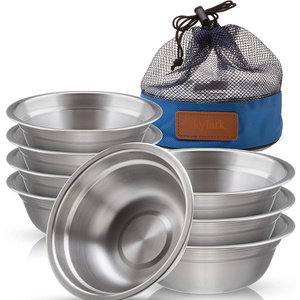 Outdoor Camping Bowls set 4 Pack Round Stainless Steel Bowl and plates Set with Mesh Carry Bag