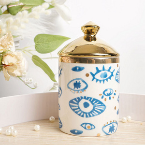 Indian Style eyes handprint ceramic jar with gold lid ceramic candle holders lanterns candle jars