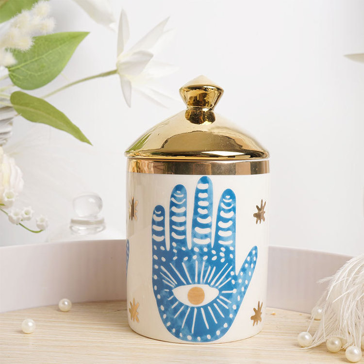 Indian Style eyes handprint ceramic jar with gold lid ceramic candle holders lanterns candle jars