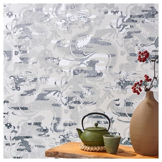 An auspicious inorganic wallpaper made in Japan with a dragon peeking through the clouds.