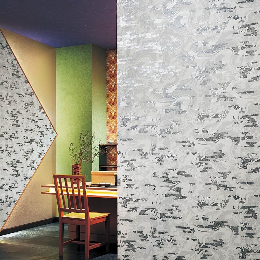 An auspicious inorganic wallpaper made in Japan with a dragon peeking through the clouds.