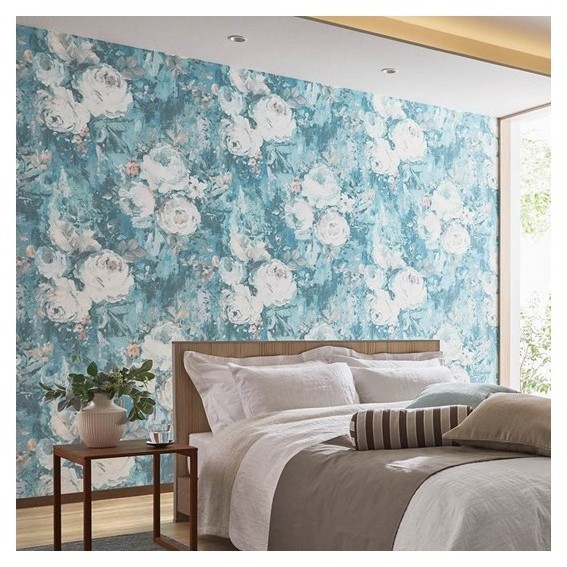 The bedroom is wrapped in rose flower design wallpaper and let's sleep soothingly.