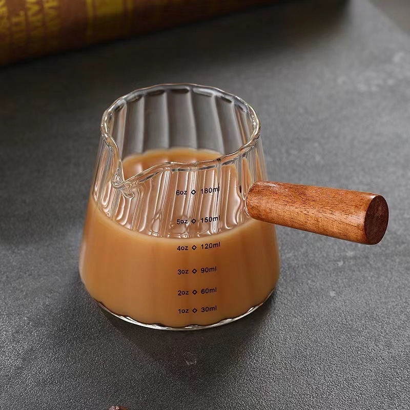 Espresso Coffee Shot Glass Measuring Cup Double Spouts Measuring Triple Pitcher Milk Cup With Wood Handle