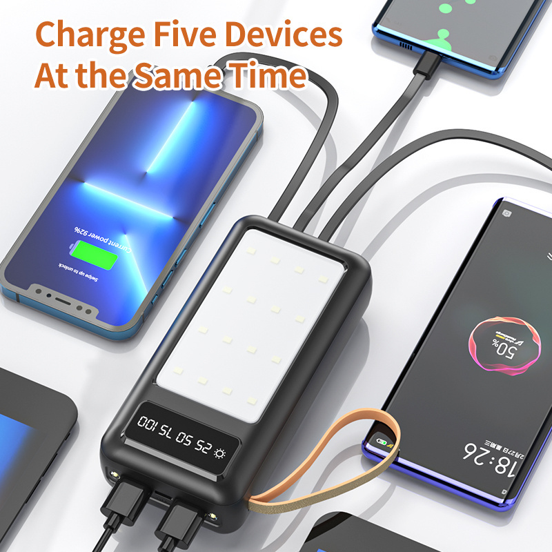 Outdoor 30000mAh Power Bank with Emergency Light 3 Cable powerbank Battery External Portable Charging Power Bank