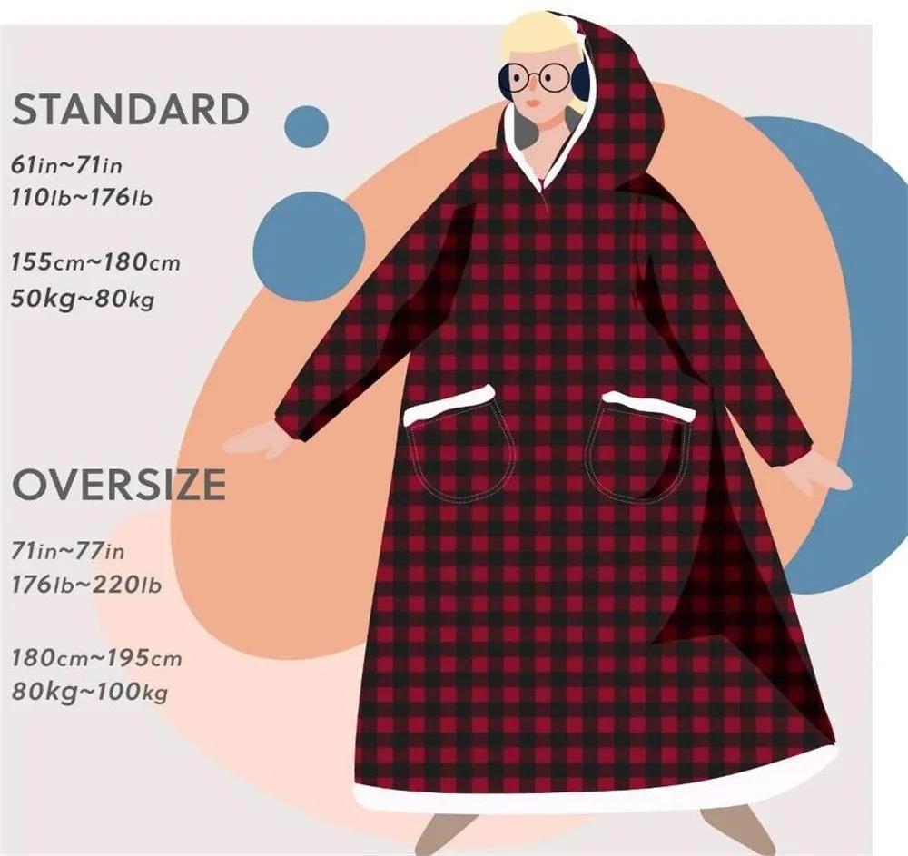 Winter Plaid Long Flannel Blanket Fleece Robe Hooded Overall Blanket Sweaters Oversized Unisex Pullover Faux Cashmere Puffy Coat