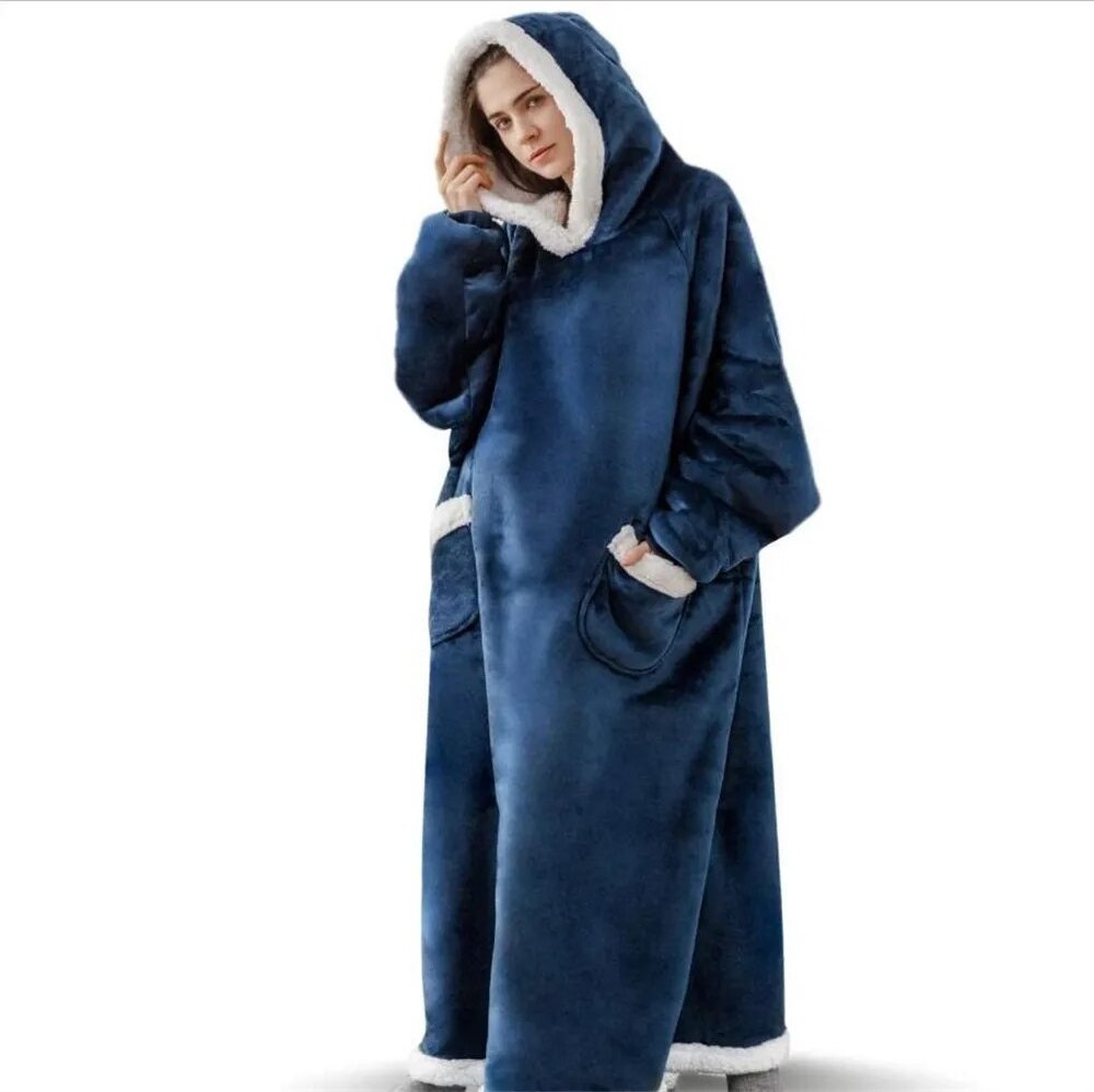 Winter Plaid Long Flannel Blanket Fleece Robe Hooded Overall Blanket Sweaters Oversized Unisex Pullover Faux Cashmere Puffy Coat