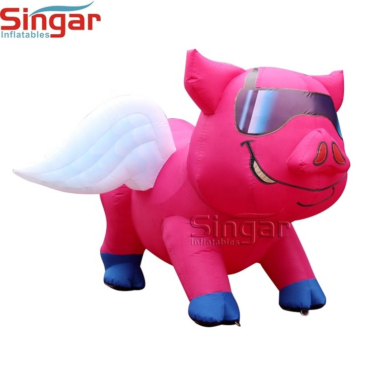 Portable advertising inflatable pink fly pig with sun glasses giant pig balloon