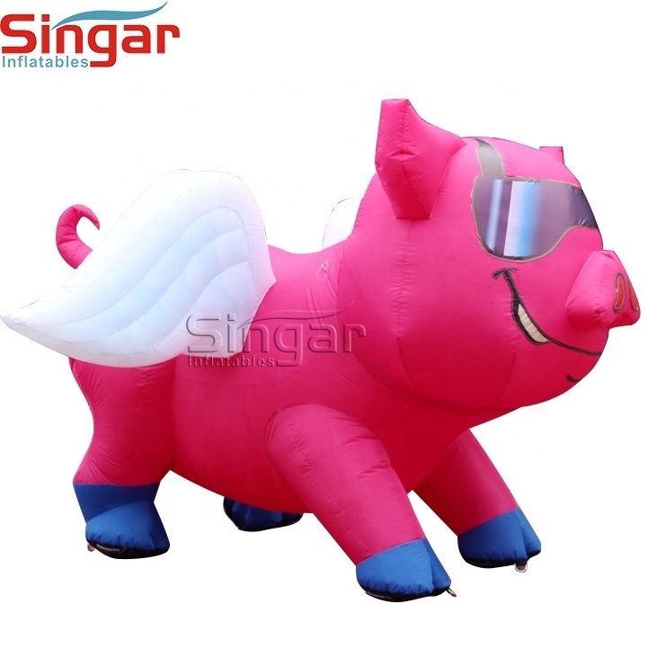 Portable advertising inflatable pink fly pig with sun glasses giant pig balloon