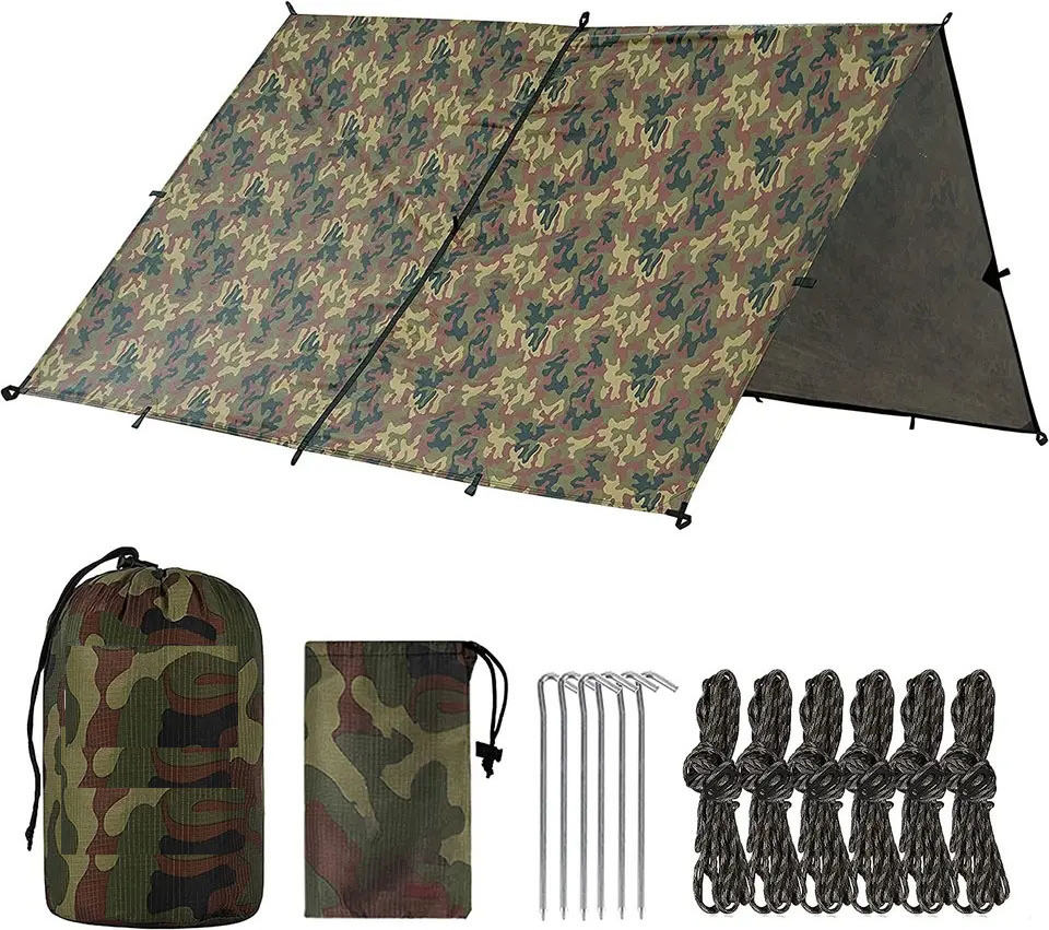 Outdoor Survival Shelter Camo Waterproof Camping Tarp, UV Protection Backpacking Cover, Lightweight Hammock Rain Fly