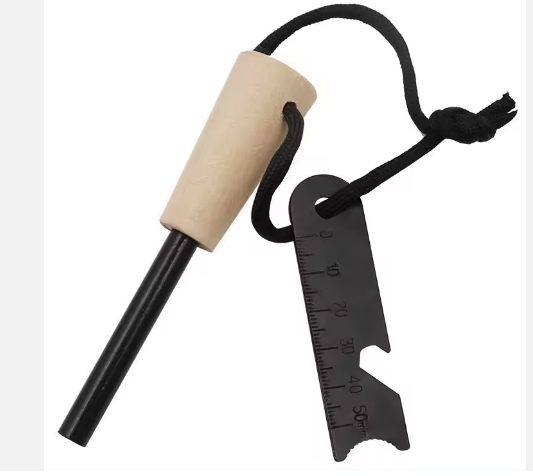 Fire Starter - Traditional Rod, Handcrafted Wood Handle Survival Igniter with Neck Lanyard & Multi-Tool Striker