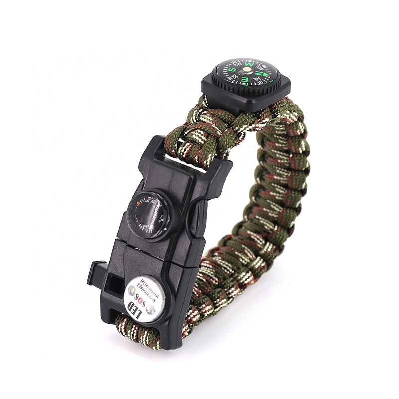 Camo Emergency Multi-functional SOS LED Buckle Cuff Outdoor Camping Hiking Knife Paracord Survival Bracelet