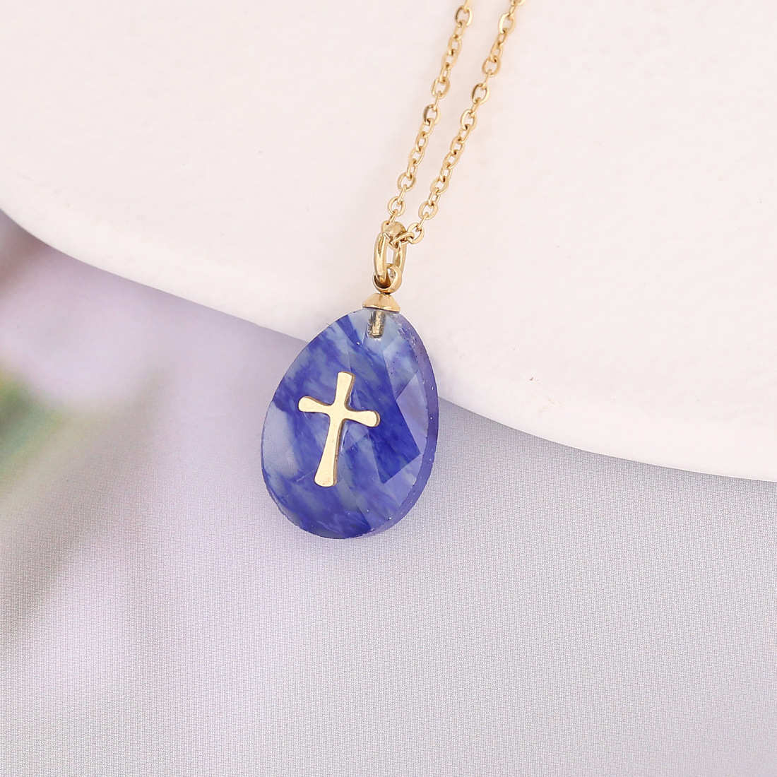 16 Colors Natural stone Pendant Lightning Cross Necklace Gold Plated Stainless Steel Necklace for Women