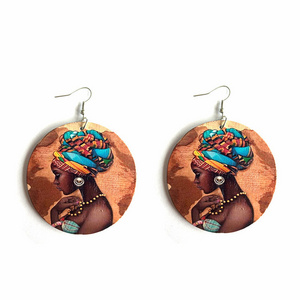 Round Engraved Wooden Picture Type Earrings Jewelry Type African Wooden Earrings