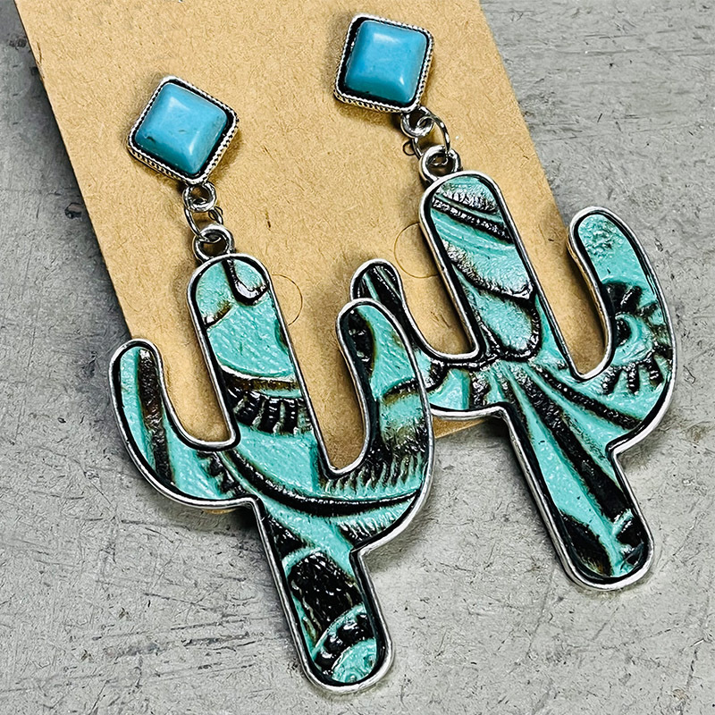 Retro Boho Cactus Leather Earrings Ethnic Western Turquoise Earrings Jewelry Women Gift