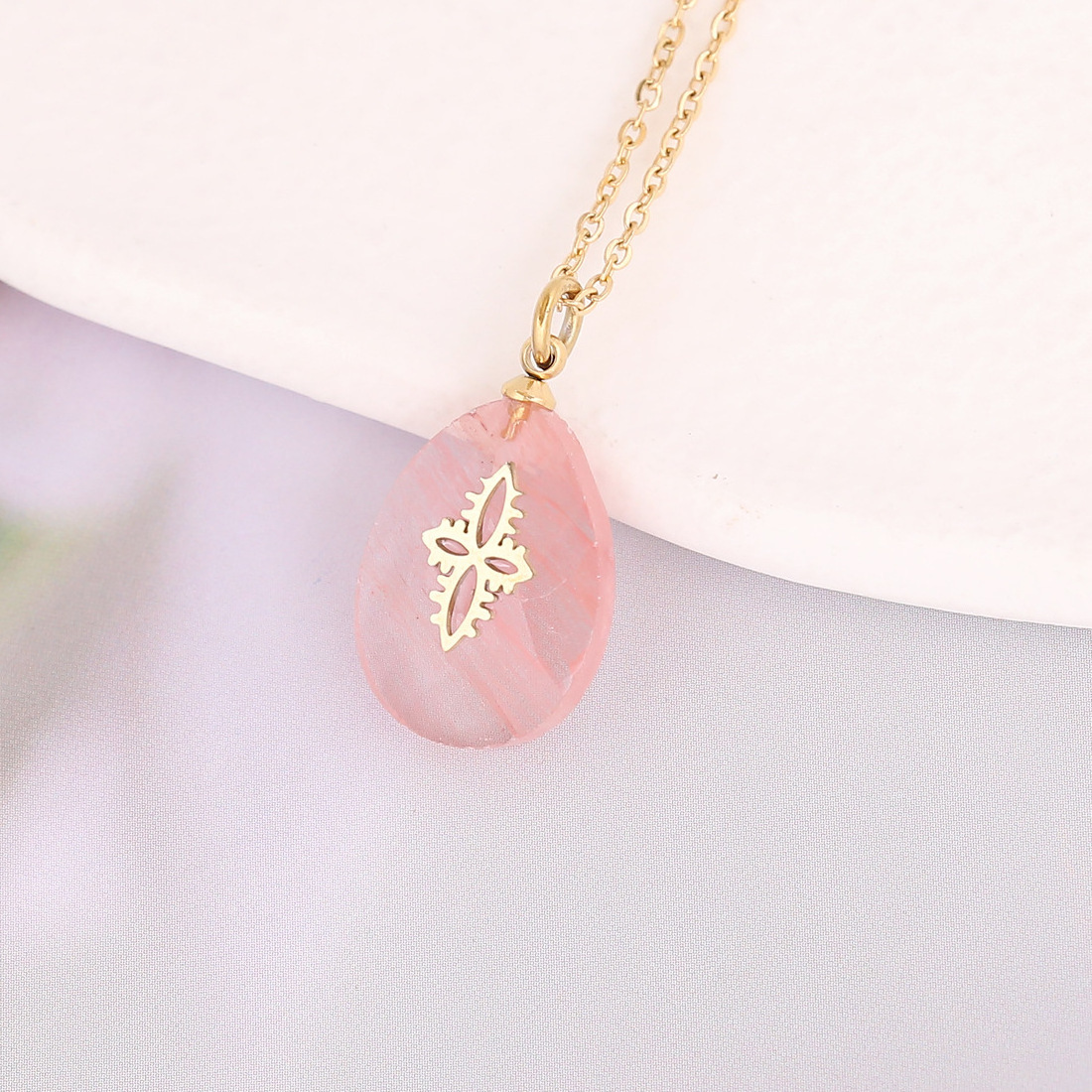 16 Colors Natural stone Pendant Lightning Cross Necklace Gold Plated Stainless Steel Necklace for Women