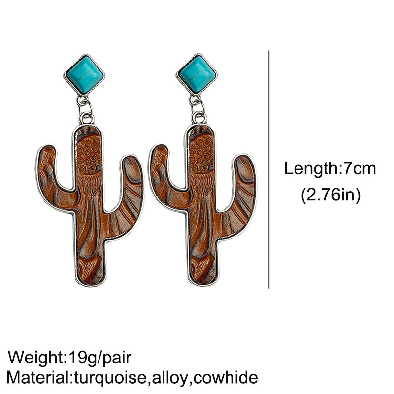 Retro Boho Cactus Leather Earrings Ethnic Western Turquoise Earrings Jewelry Women Gift