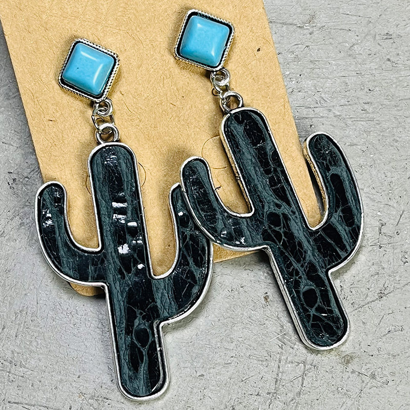 Retro Boho Cactus Leather Earrings Ethnic Western Turquoise Earrings Jewelry Women Gift