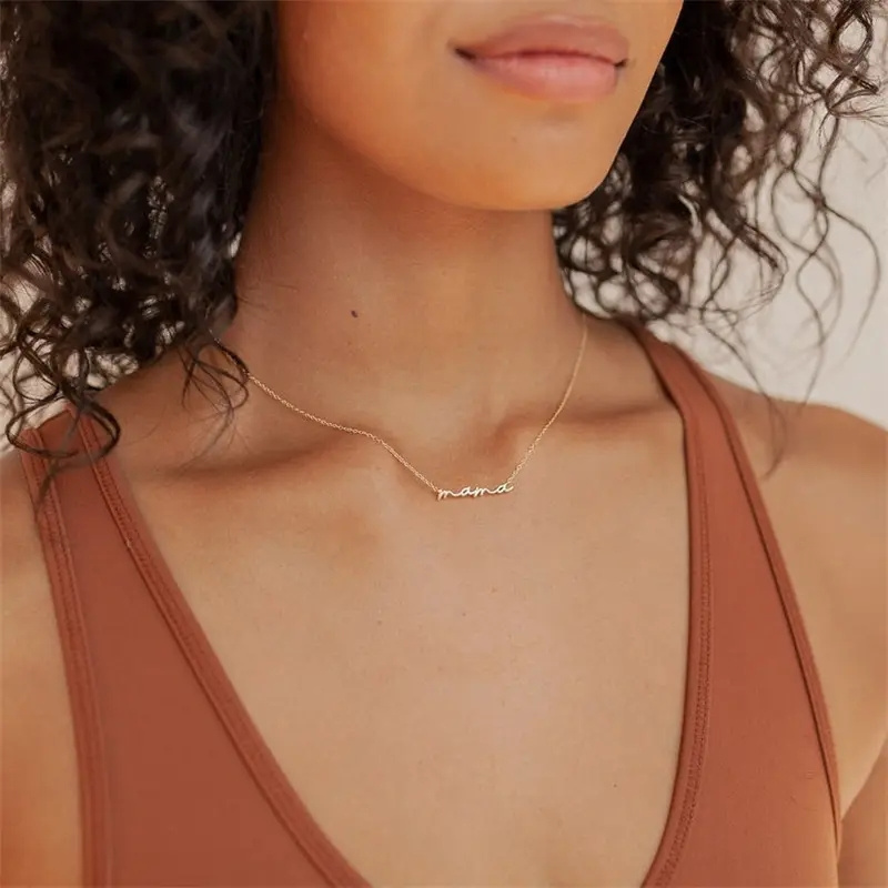 Delicate mama Stainless Steel Plated 14K Gold Clavicle Necklace Minimalist Mom pendant charm is the perfect gift for mom