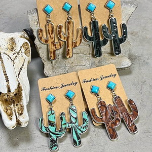 Retro Boho Cactus Leather Earrings Ethnic Western Turquoise Earrings Jewelry Women Gift