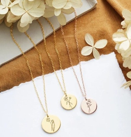 Engraving Flower Necklace Birth Month Flower Circle Necklace Delicate Minimalist Flower Necklace For Women Gifts Gold Jewelry