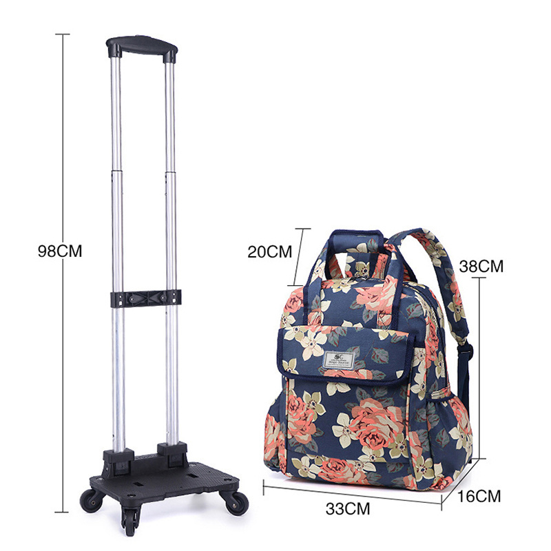 Girls Floral Print Trolley Backpack With Detachable Trolley Casual Daypack Spinner Luggage 4 Wheels Carry On Roller Bags